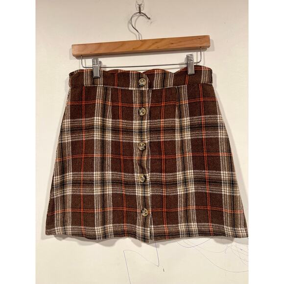 Women’s Day to Day Brown and Orange Preppy Plaid button down mini skirt M - Picture 2 of 6